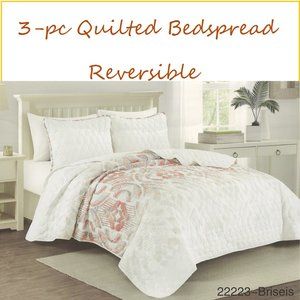 Reversible 3 Piece Quilted Bedspread Set Light Red & White print